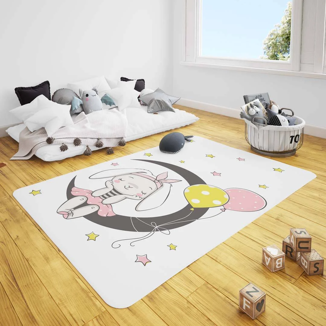 Tavşan Çocuk Halısı | Beyaz ay, yıldızlar Desenli