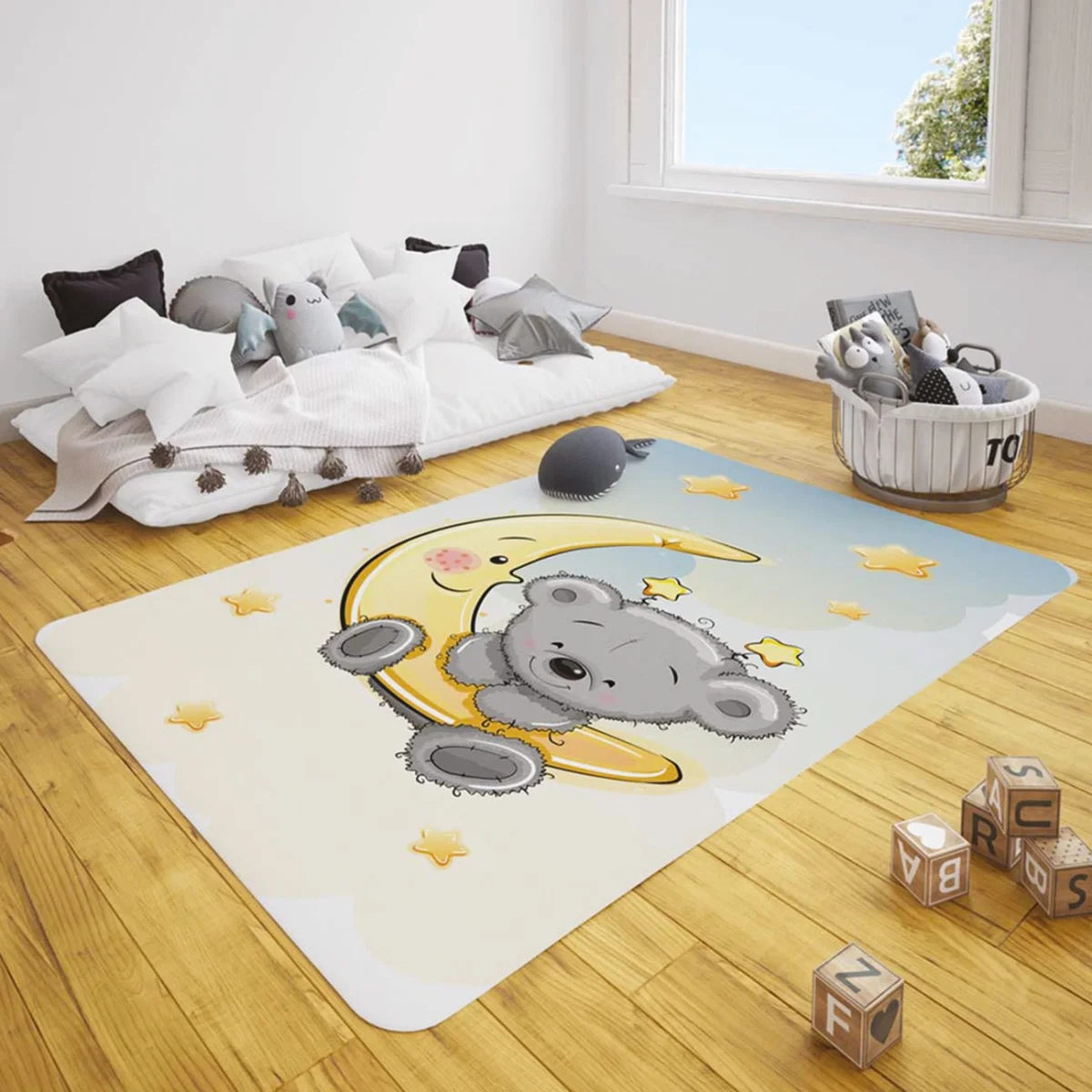 Ayda Ayıcık Çocuk Halısı | Beyaz yıldız, bulut Desenli