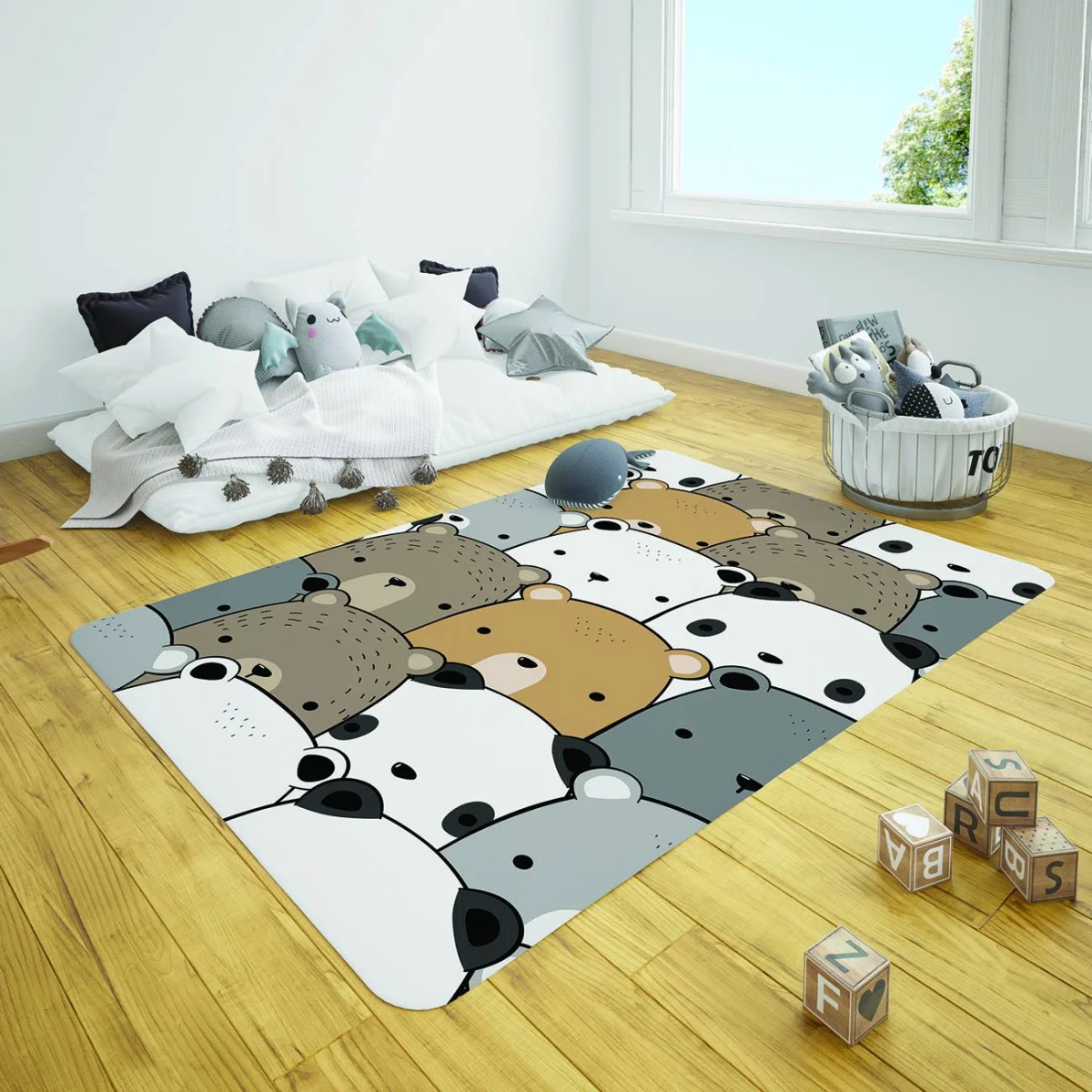 Ayılar Çocuk Halısı | Beyaz çizgili, kalpler Desenli