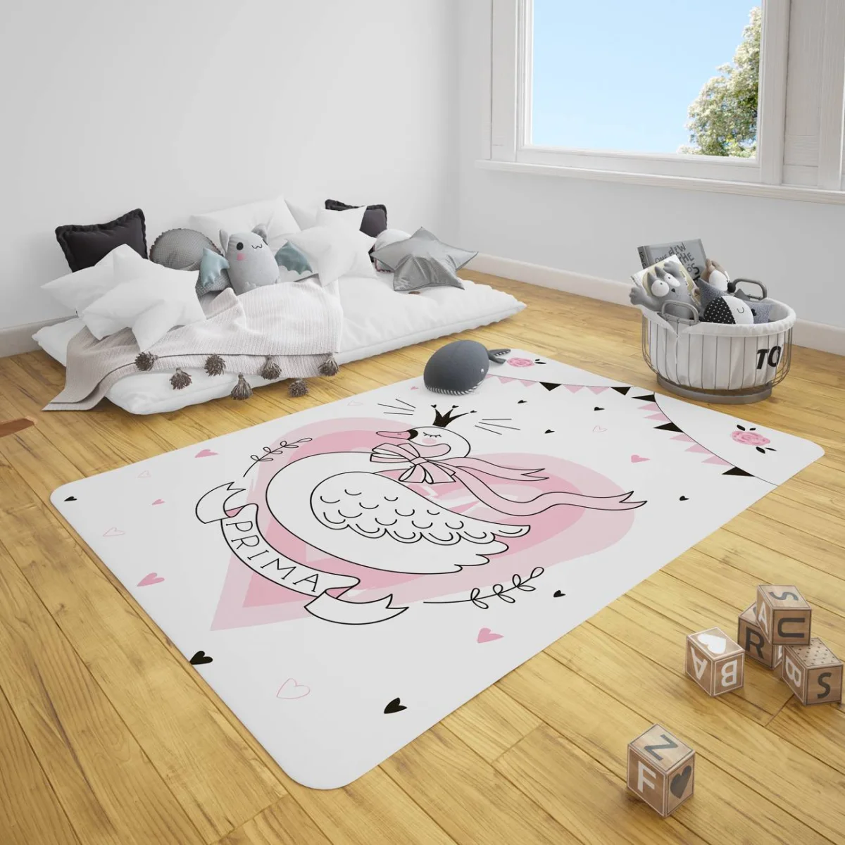 Balerinler Çocuk Halısı | Beyaz Güller, flama Desenli