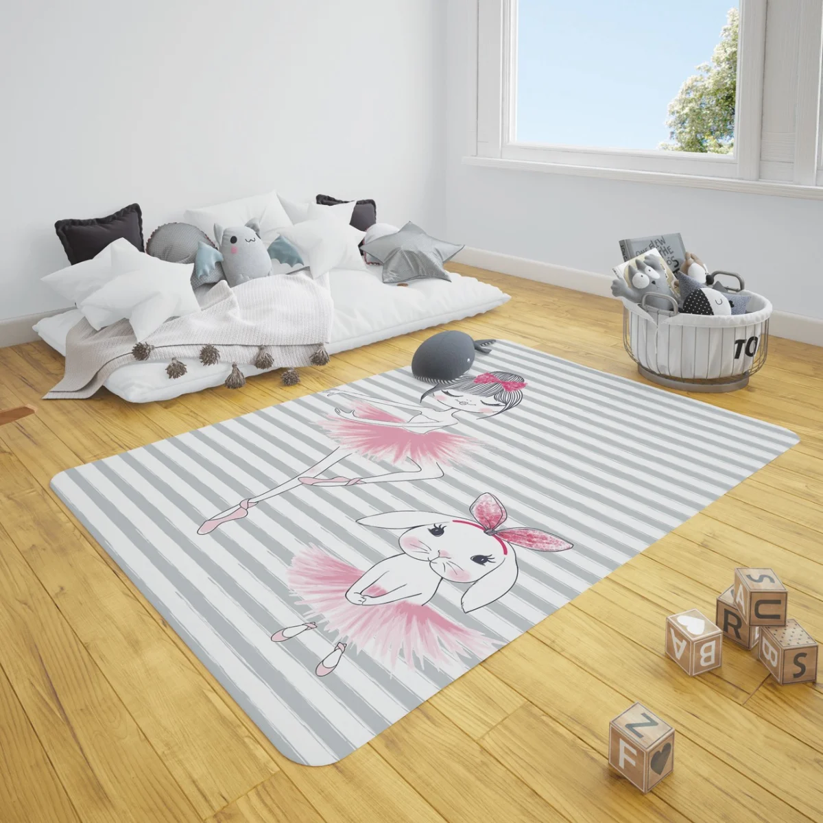Balerin kız ve tavşan Çocuk Halısı | Beyaz Yatay gri çizgiler, pembe tütü ve kurdele Desenli