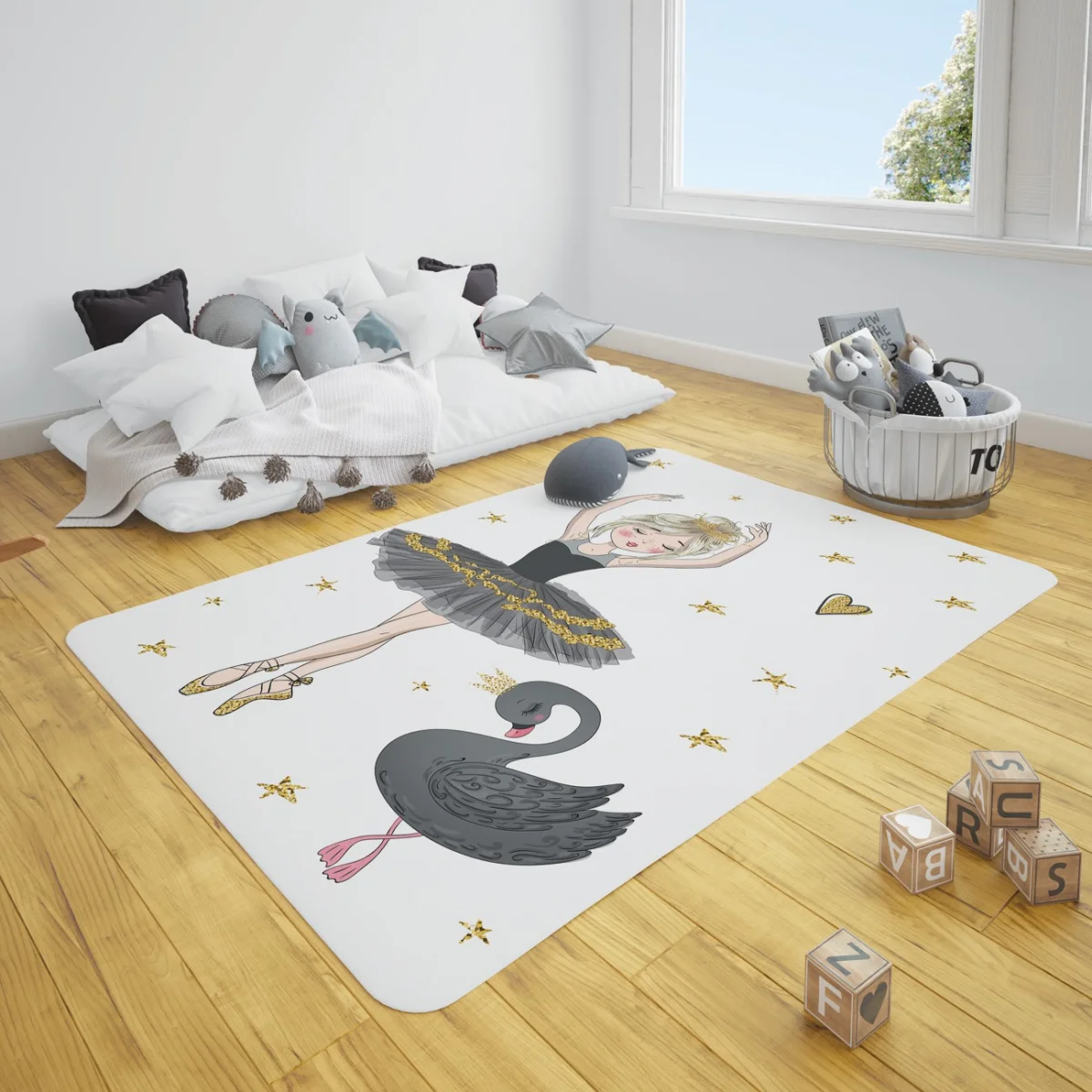 Balerin ve Kuğu Çocuk Halısı | Beyaz Altın yıldızlar, kalpler Desenli