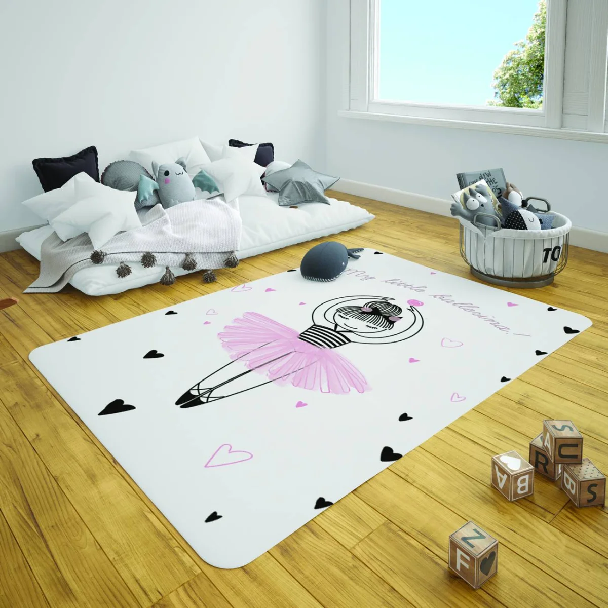 Balerin Çocuk Halısı | Beyaz Kalpler, yazı Desenli