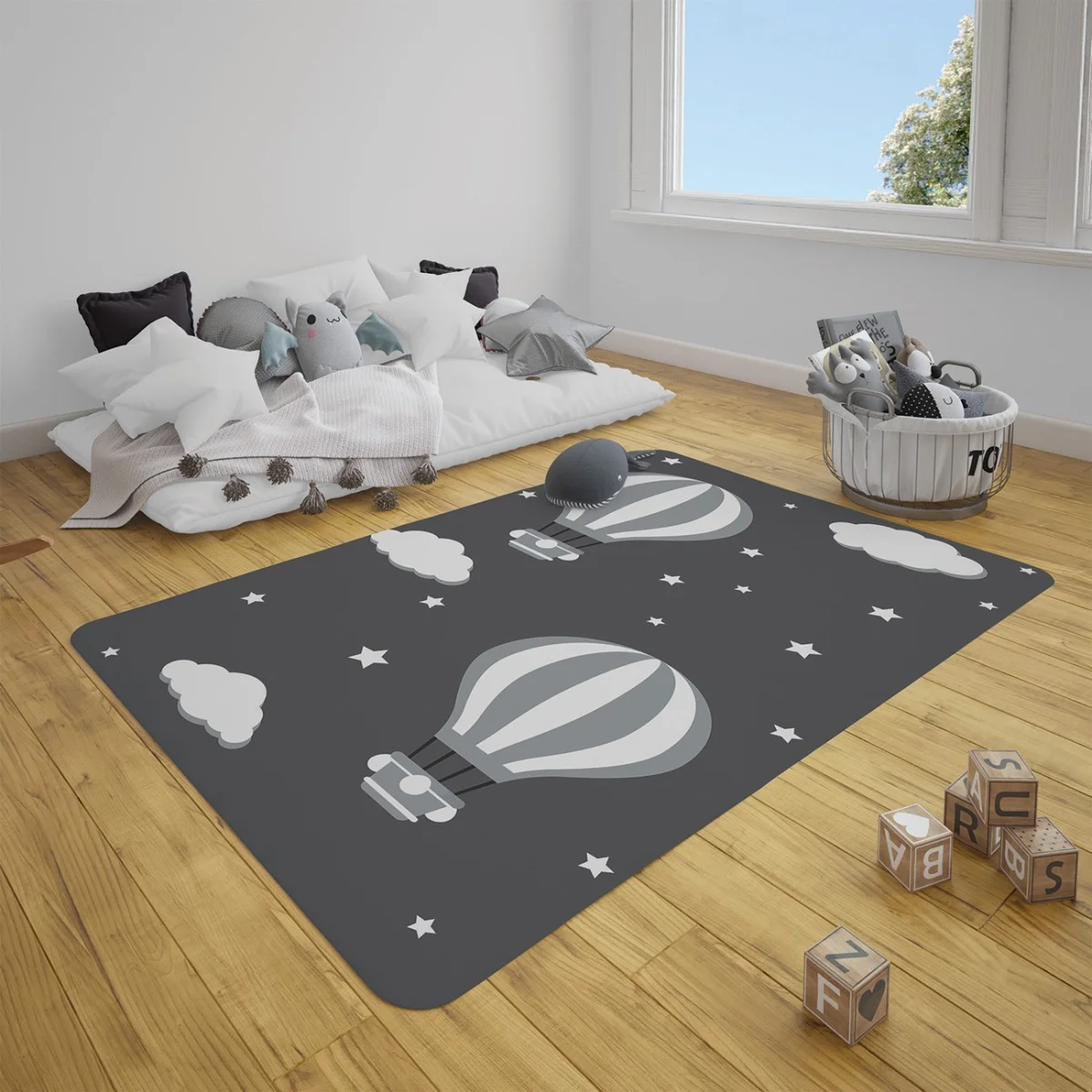 Sıcak Hava Balonları Çocuk Halısı | Gri yıldız, bulut Desenli