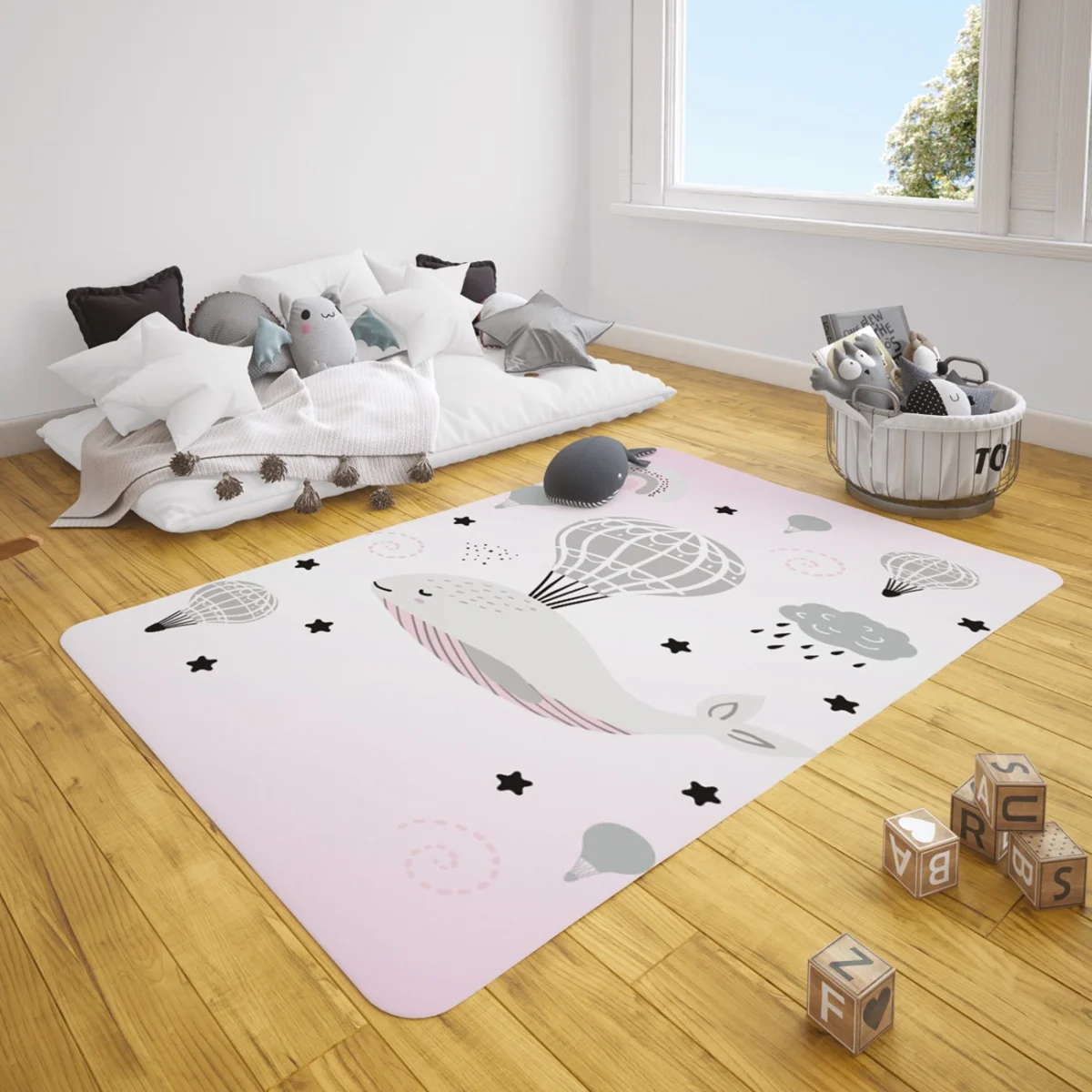 Uçan balina Çocuk Halısı | Beyaz Sıcak hava balonu, gökkuşağı Desenli