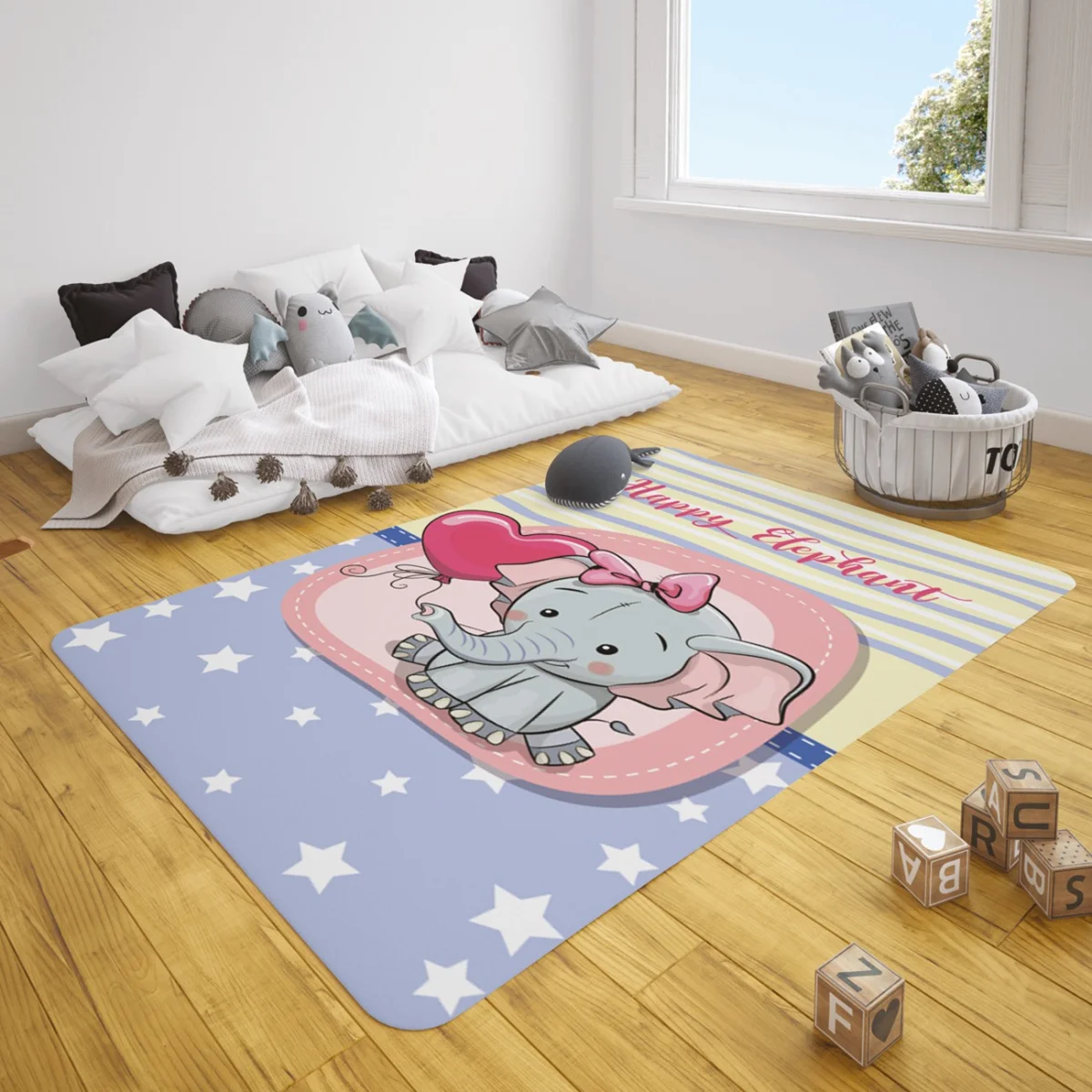 Fil Çocuk Halısı | Mavi yıldız, şerit Desenli