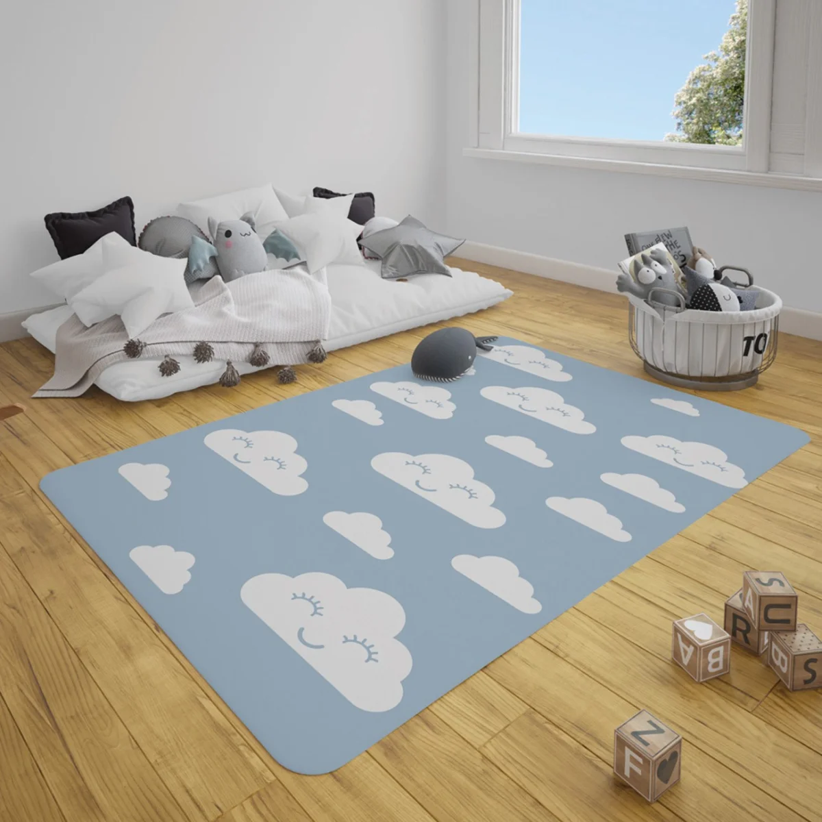 Bulutlar Çocuk Halısı | Mavi Gülümseyen yüzlü beyaz bulutlar Desenli