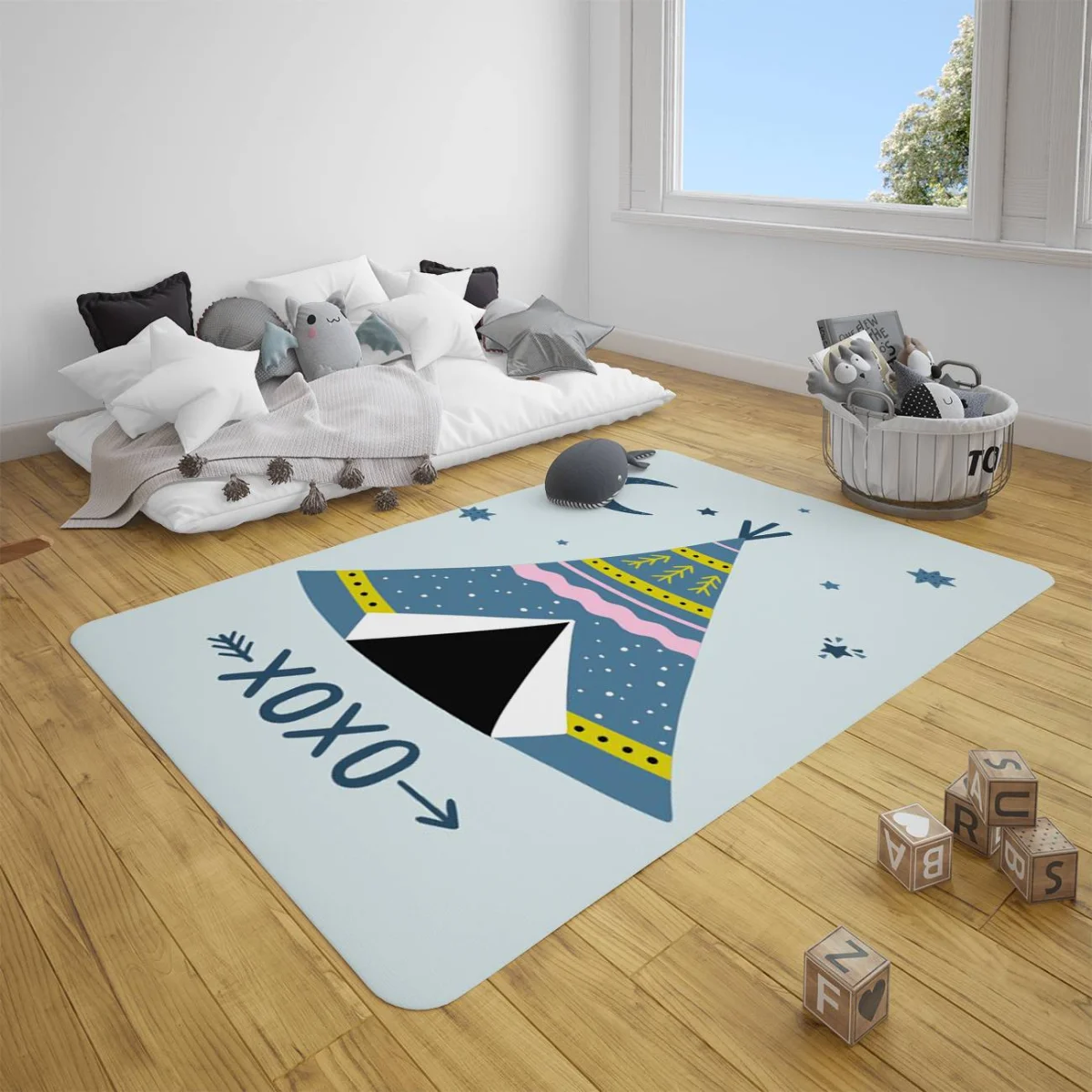 Çadır (Teepee) Çocuk Halısı | Mavi Ay, yıldızlar Desenli