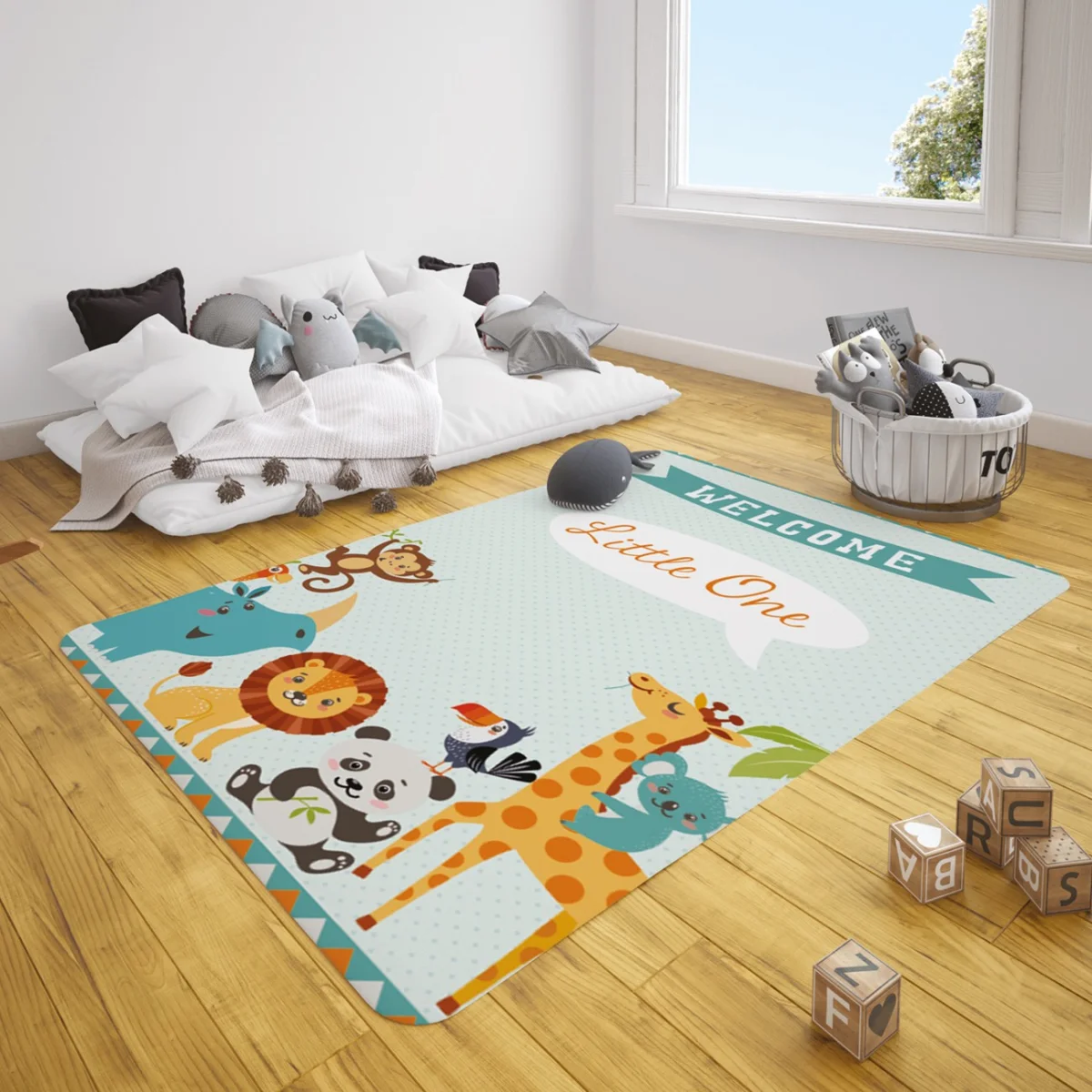 Orman Hayvanları Çocuk Halısı | Açık Mavi Küçük puantiyeler, konuşma balonları Desenli
