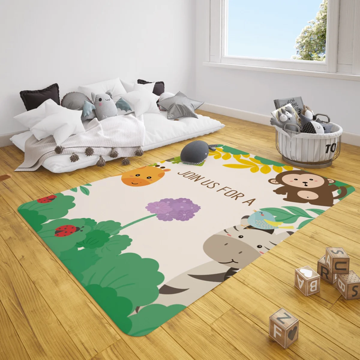 Orman Hayvanları Çocuk Halısı | Krem Yapraklar, çiçekler Desenli