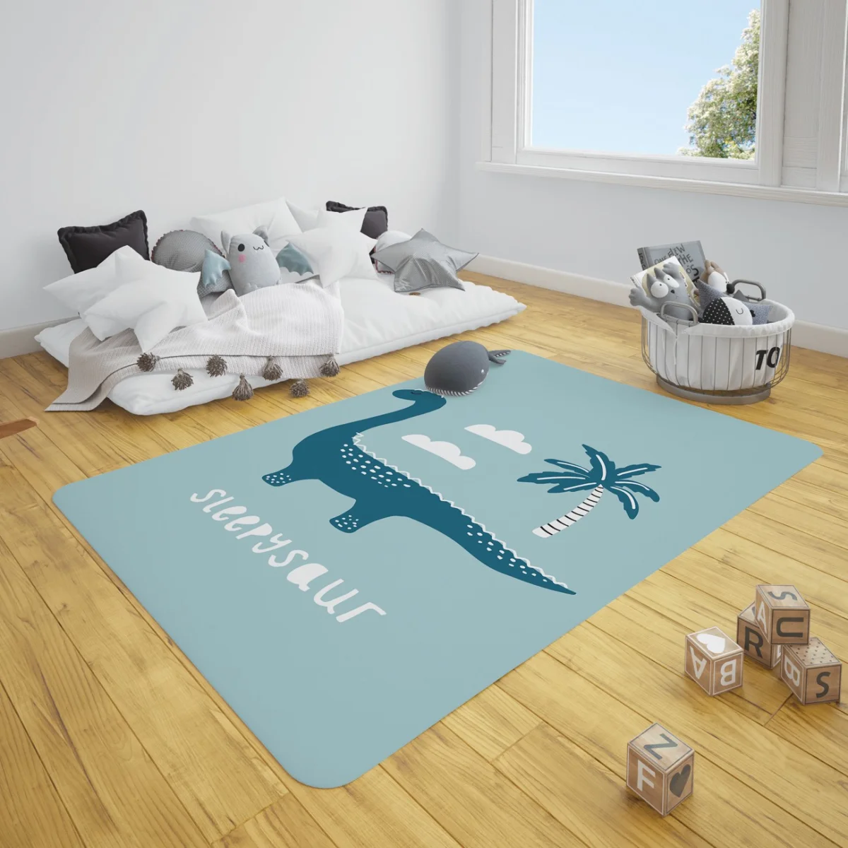 Dinozorlar Çocuk Halısı | Açık Mavi Bulutlar, palmiye ağaçları ve yapraklar Desenli