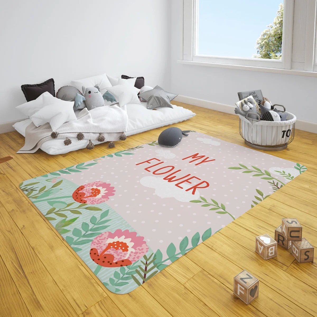 Çiçekli Bahçe Çocuk Halısı | Pembe beyaz bulutlar, puantiye Desenli