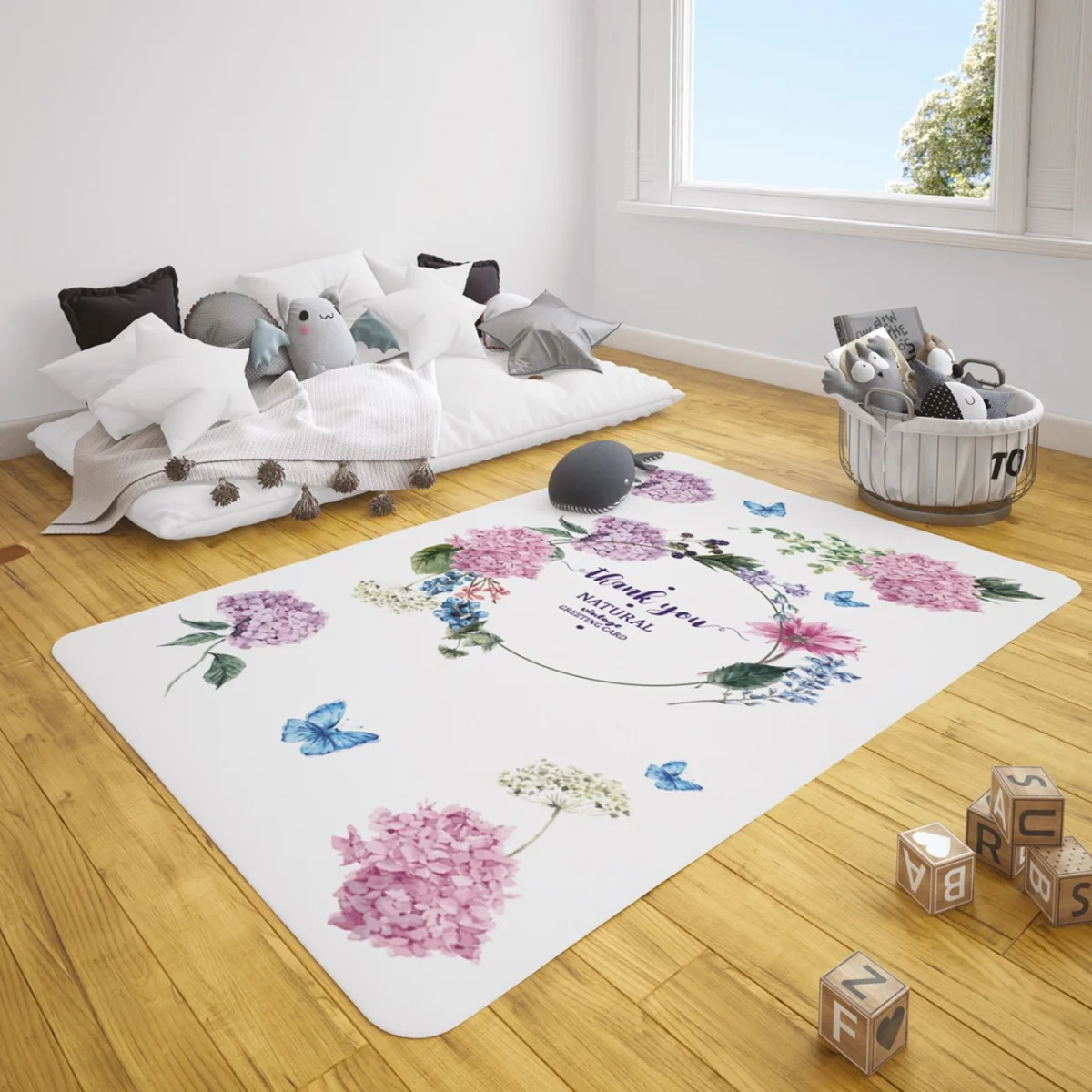 Çiçekler Çocuk Halısı | Beyaz Çiçekler, kelebekler Desenli