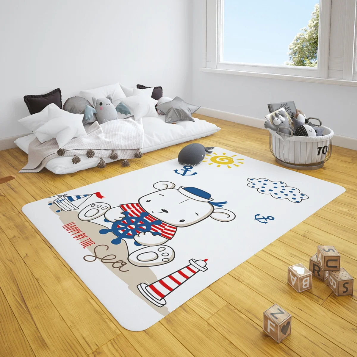 Denizci Ayı Çocuk Halısı | Beyaz balık, yıldız Desenli