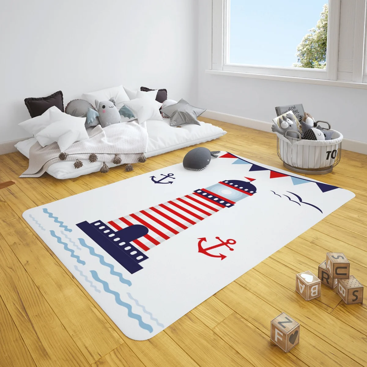 Denizcilik Çocuk Halısı | Beyaz bulut, yıldız Desenli