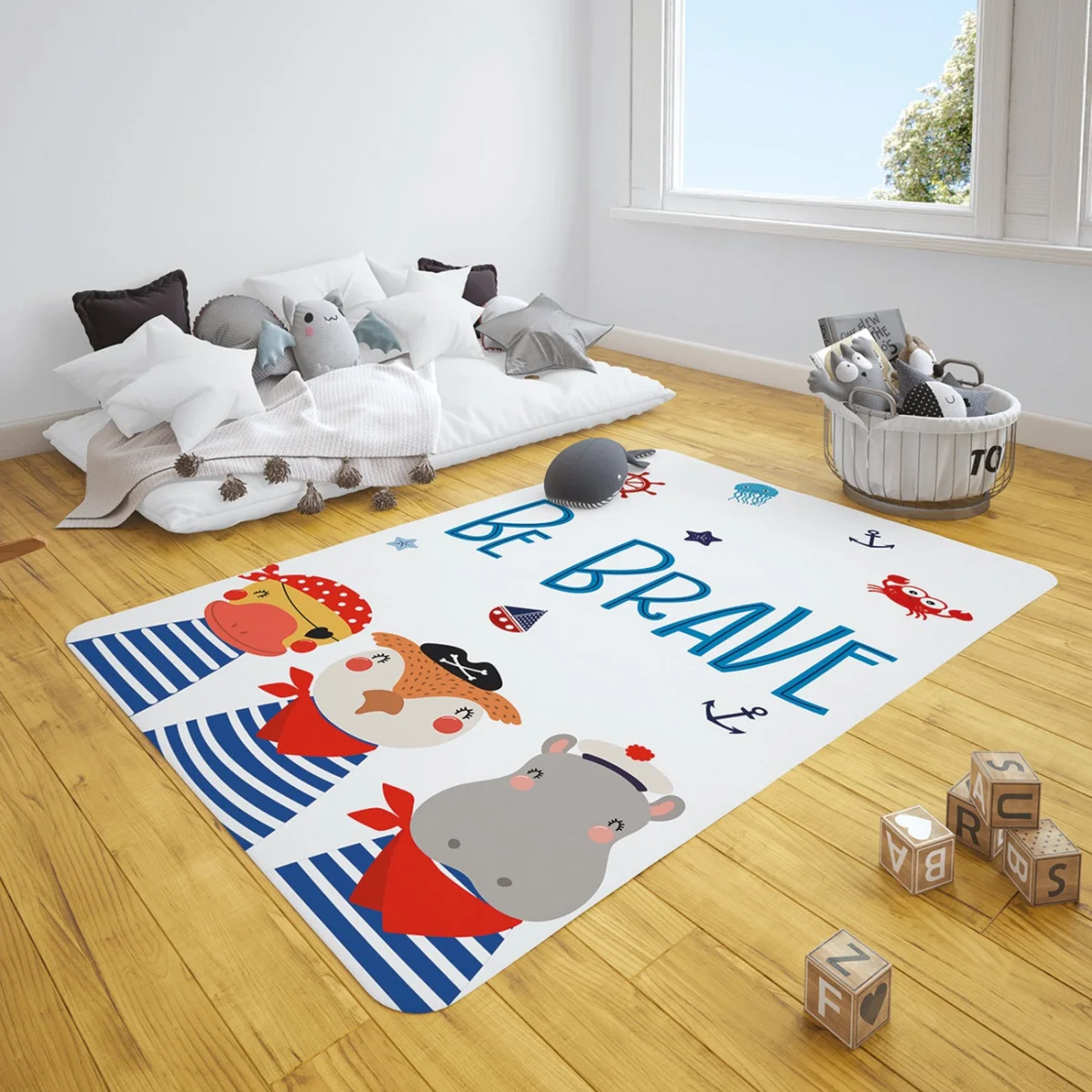 Korsan Temalı Rakun Çocuk Halısı | Beyaz gemici direksiyonu, çapa Desenli