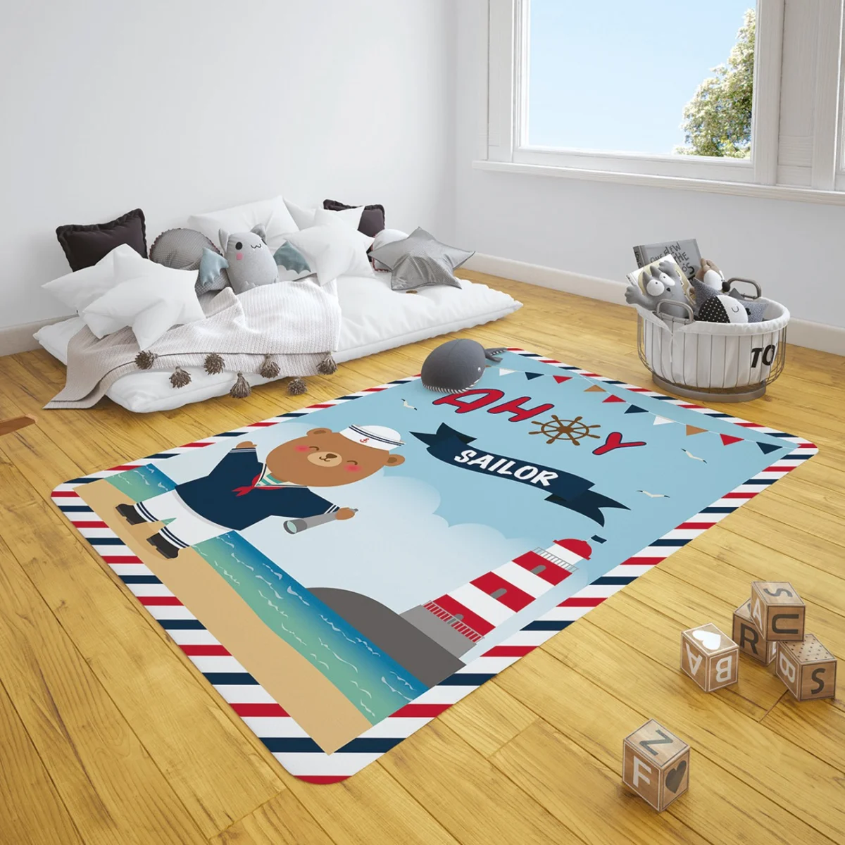 Denizcilik Çocuk Halısı | Açık Mavi yelkenli, martı Desenli