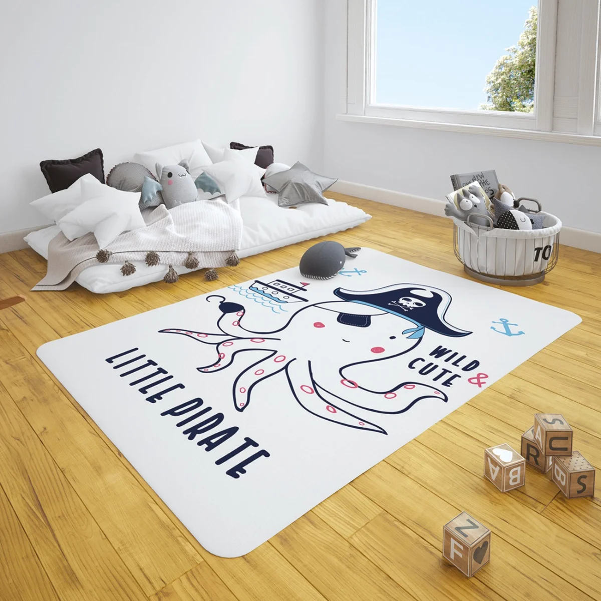 Korsan Çocuk Halısı | Beyaz Gemiler, ahtapot Desenli