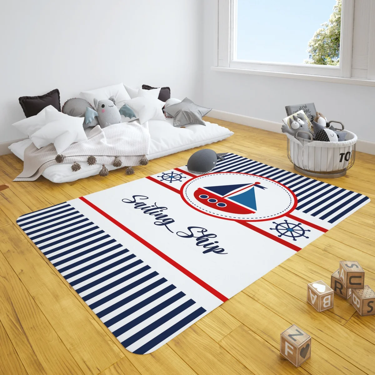 Yelkenli Gemi Çocuk Halısı | Beyaz yelkenli gemi, gemi dümeni Desenli