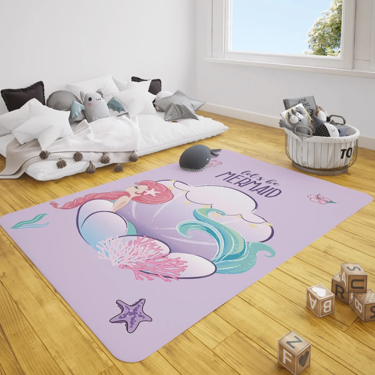 Deniz Kızı Çocuk Halısı | Mor deniz atı, bulut Desenli