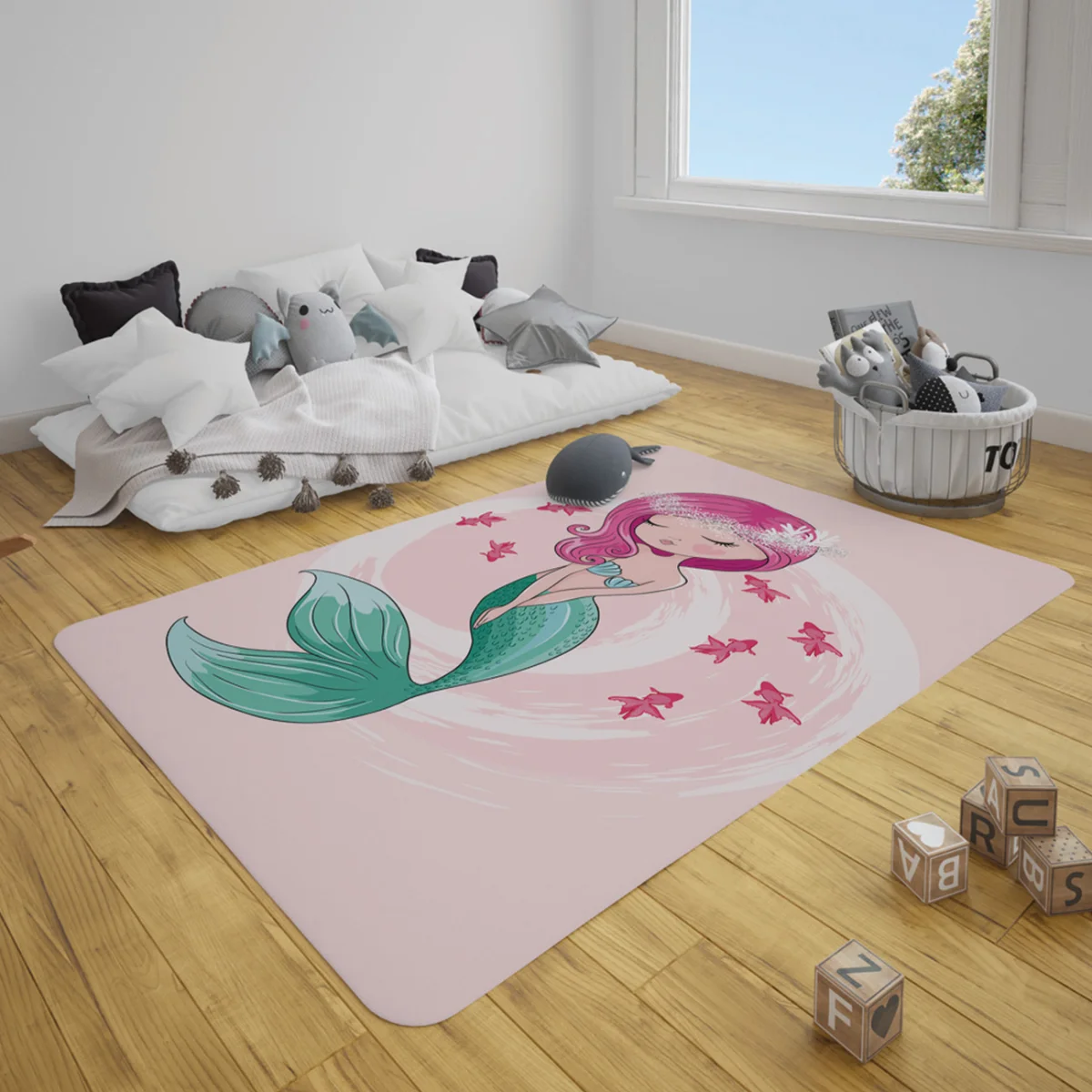 Deniz Kızı Çocuk Halısı | Pembe küçük pembe balıklar, mercanlar Desenli