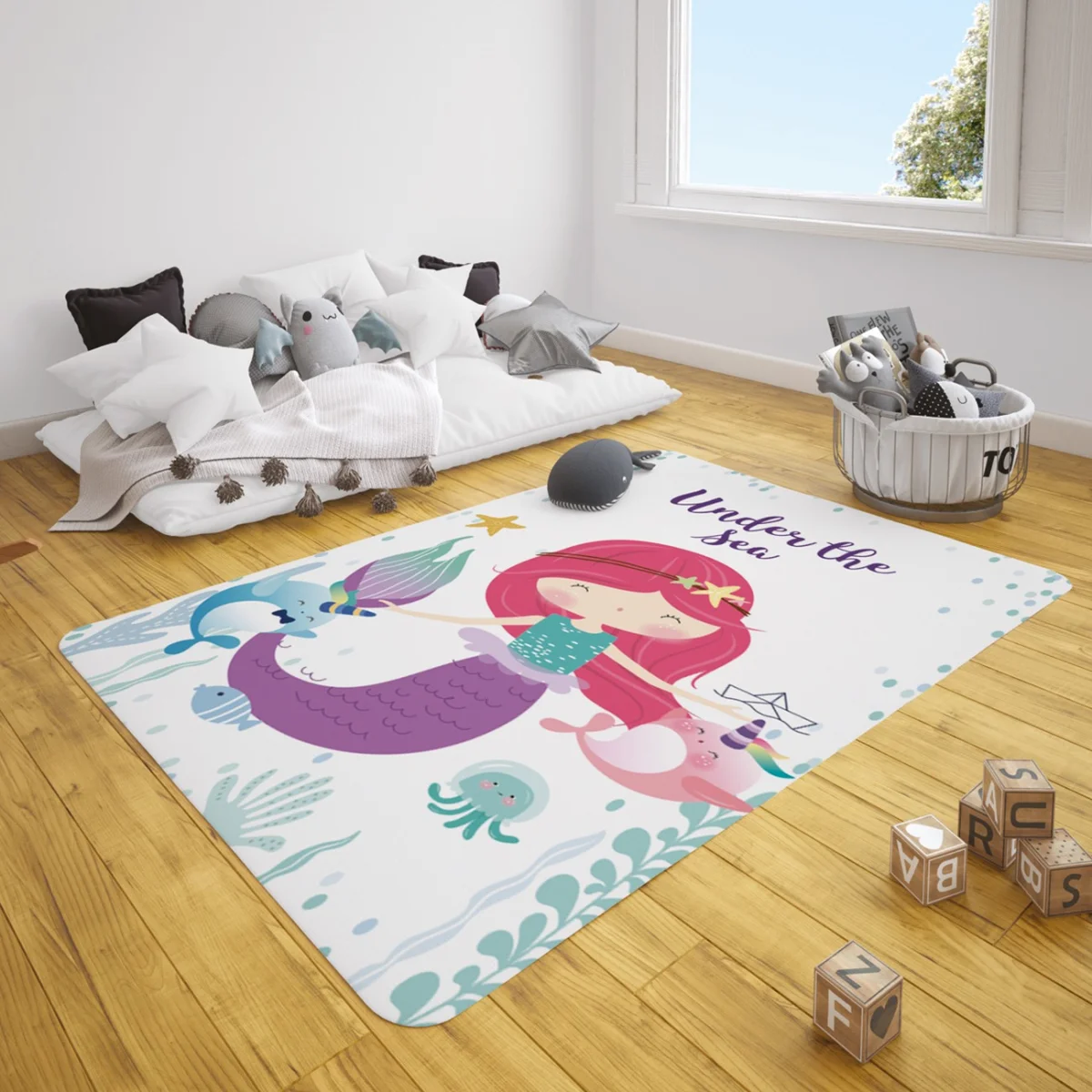 Deniz Kızı ve Deniz Altı Çocuk Halısı | Beyaz Deniz kızı, narval Desenli