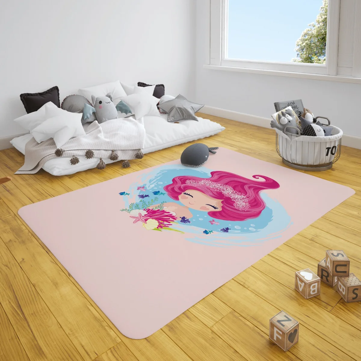 Deniz Kızı Çocuk Halısı | Pembe Mercan, deniz kabukları Desenli