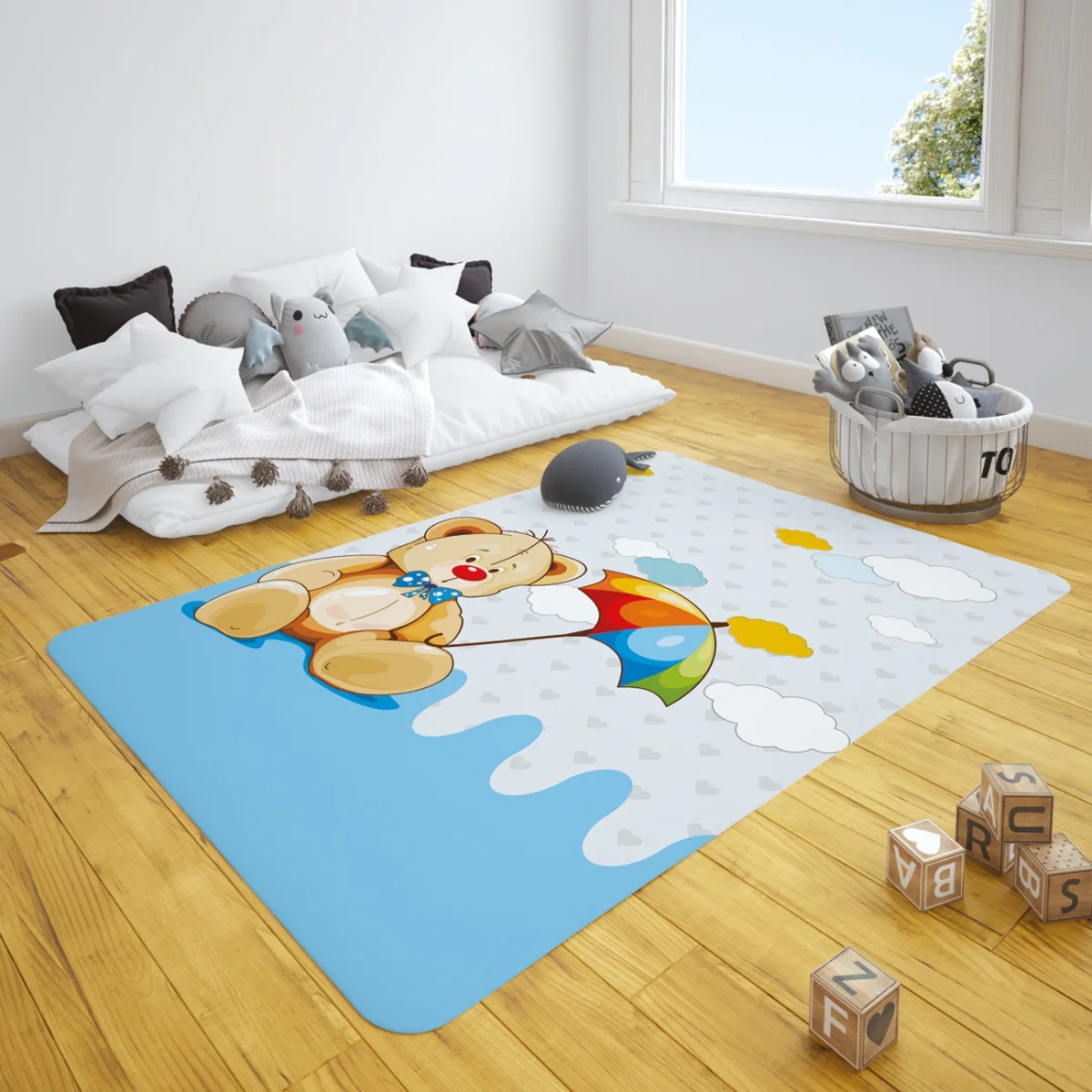 Ayıcık Çocuk Halısı | Açık mavi Kalpler, bulutlar Desenli