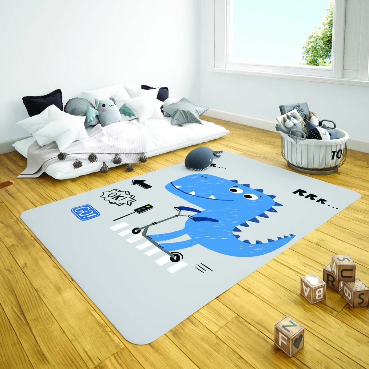 Dinozor Çocuk Halısı | Gri scooter, trafik ışığı Desenli