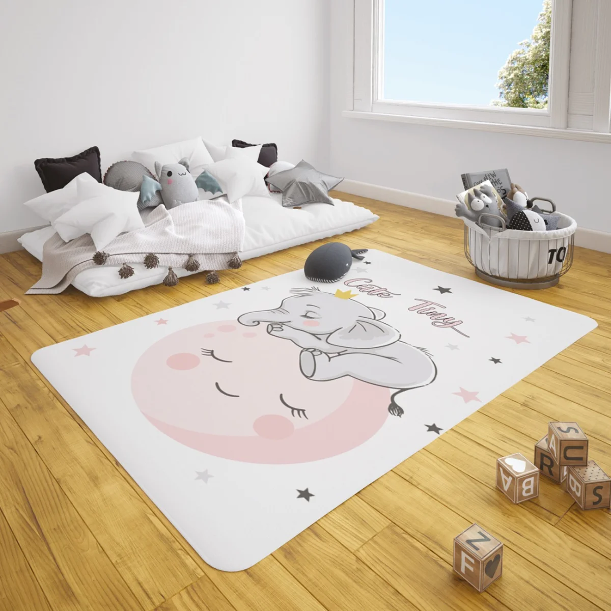 Uyuyan Fil, Ay Çocuk Halısı | Beyaz yıldızlar, ay Desenli