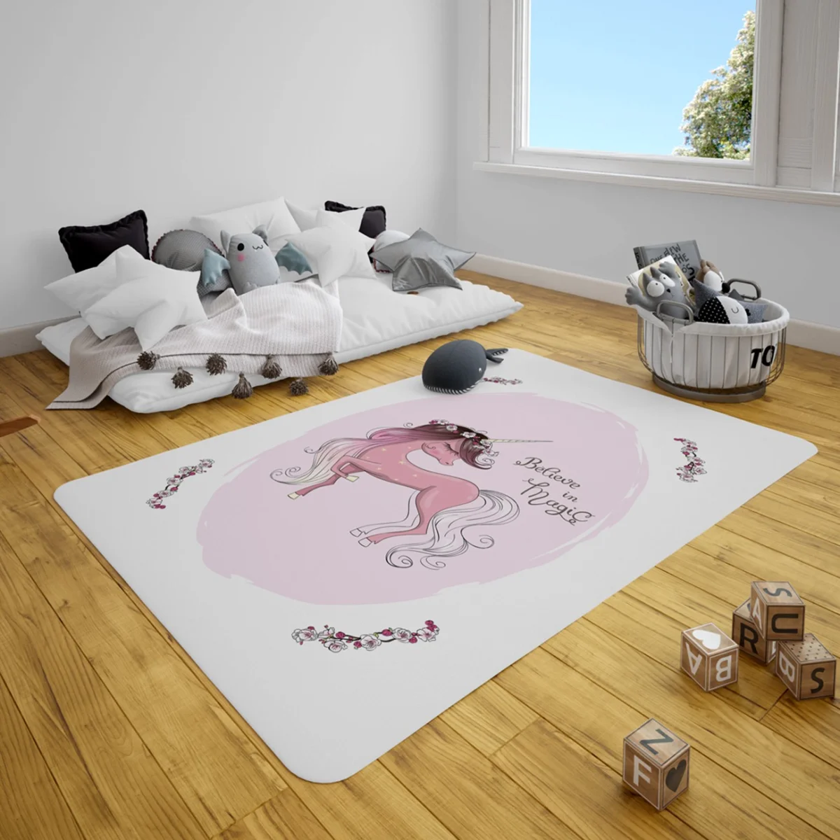Unicorn Çocuk Halısı | Pembe Unicorn, çiçekler Desenli