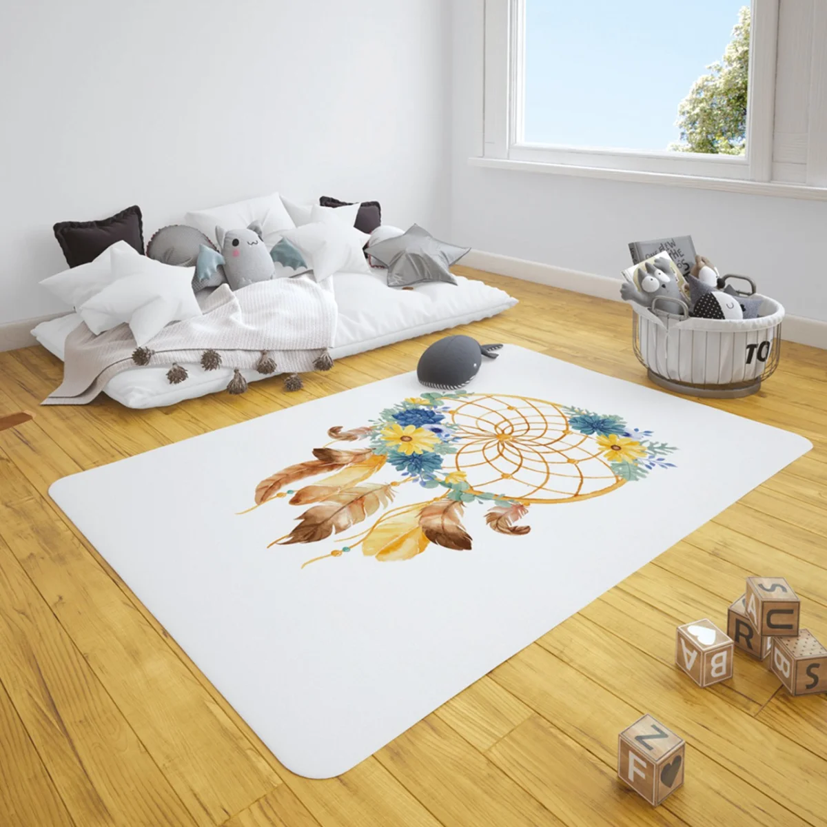 Düş kapanı, Çiçekler Çocuk Halısı | Beyaz sarı, mavi ve turkuaz çiçekler Desenli
