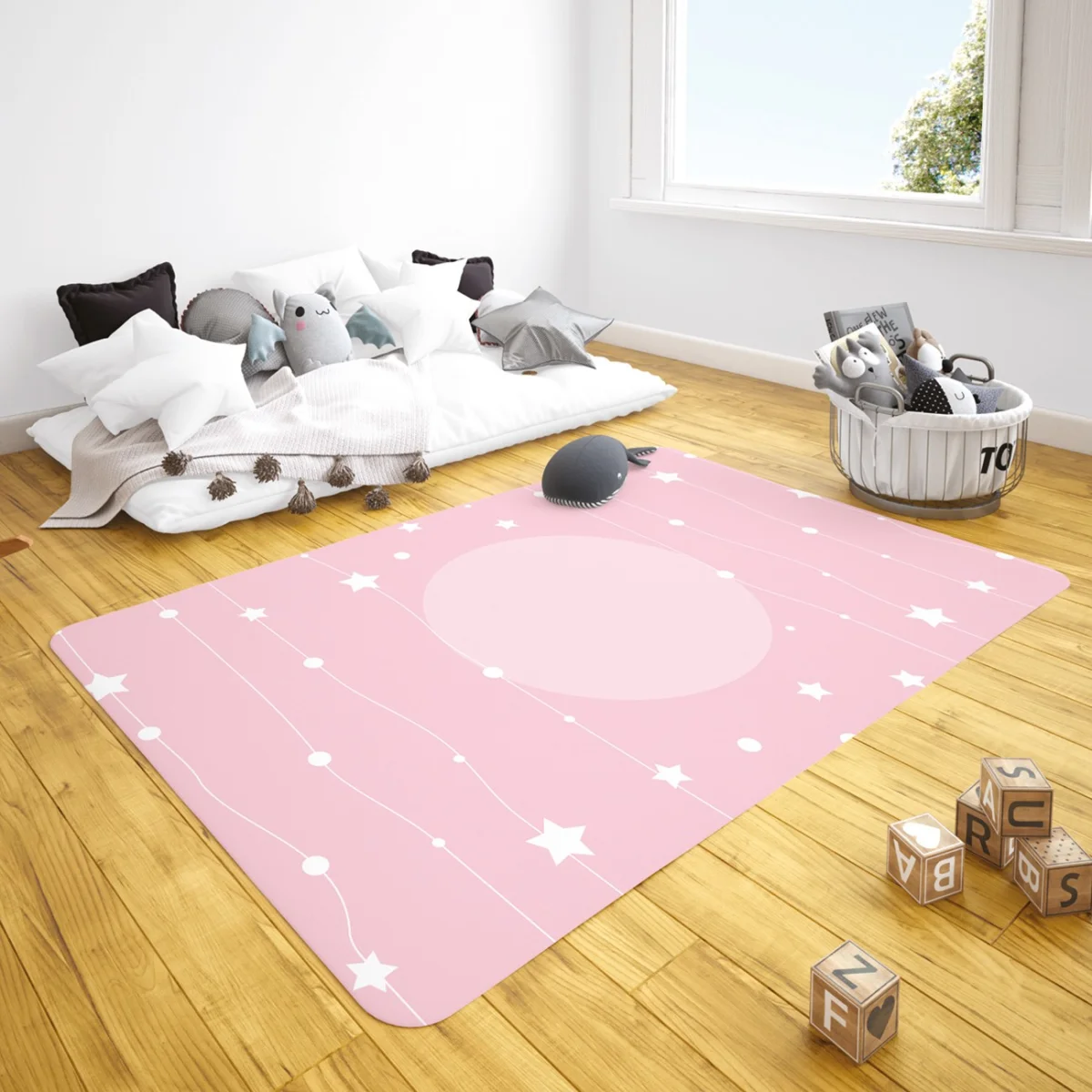 Uzay Çocuk Halısı | Pembe yıldızlar, daireler Desenli