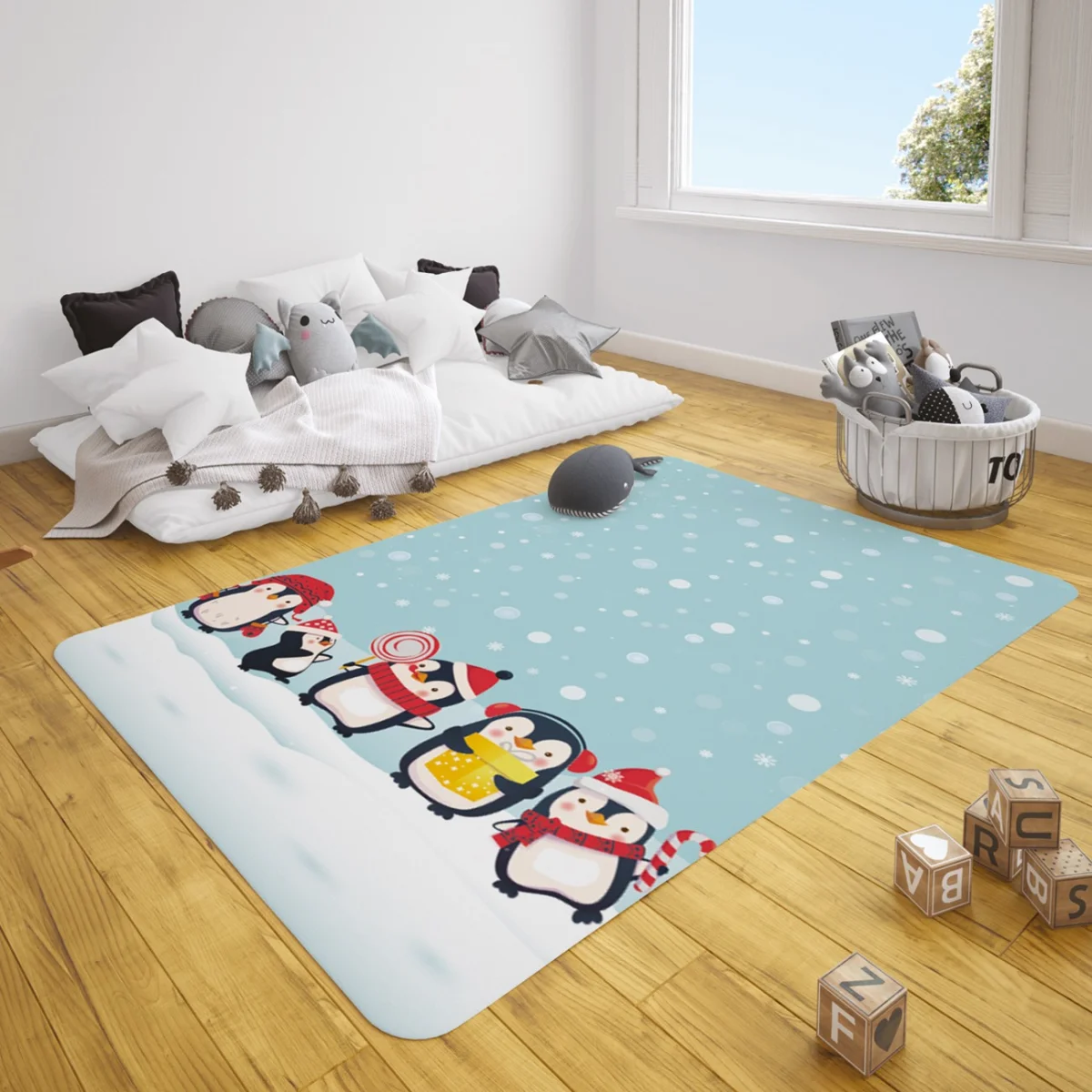 Penguen Çocuk Halısı | Mavi Kar taneleri, kar Desenli