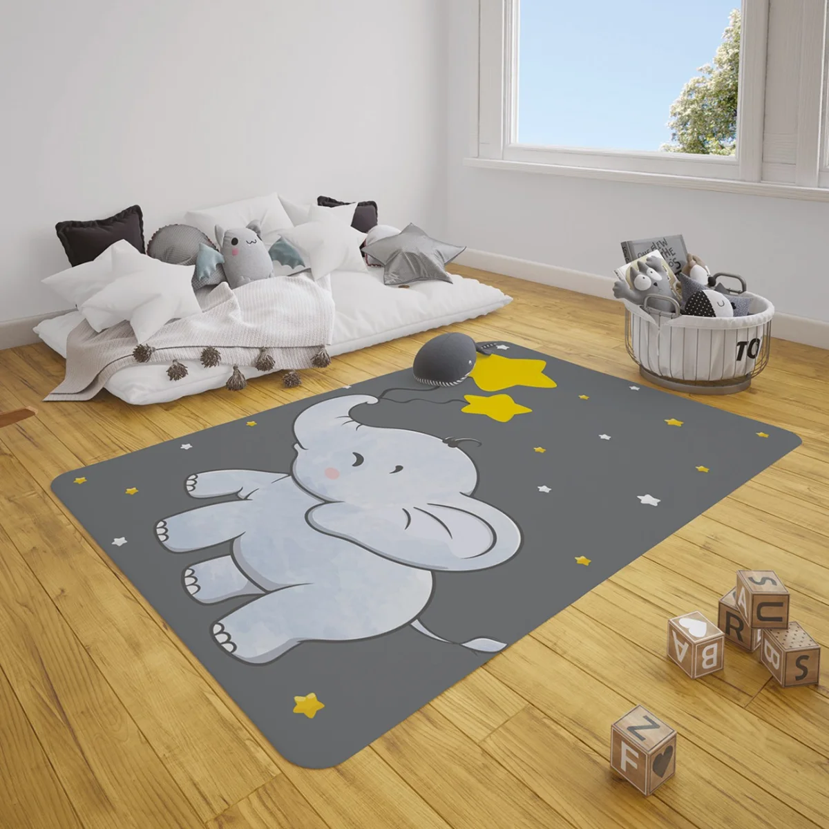 Fil Çocuk Halısı | Gri yıldızlar, yıldız balonlar Desenli