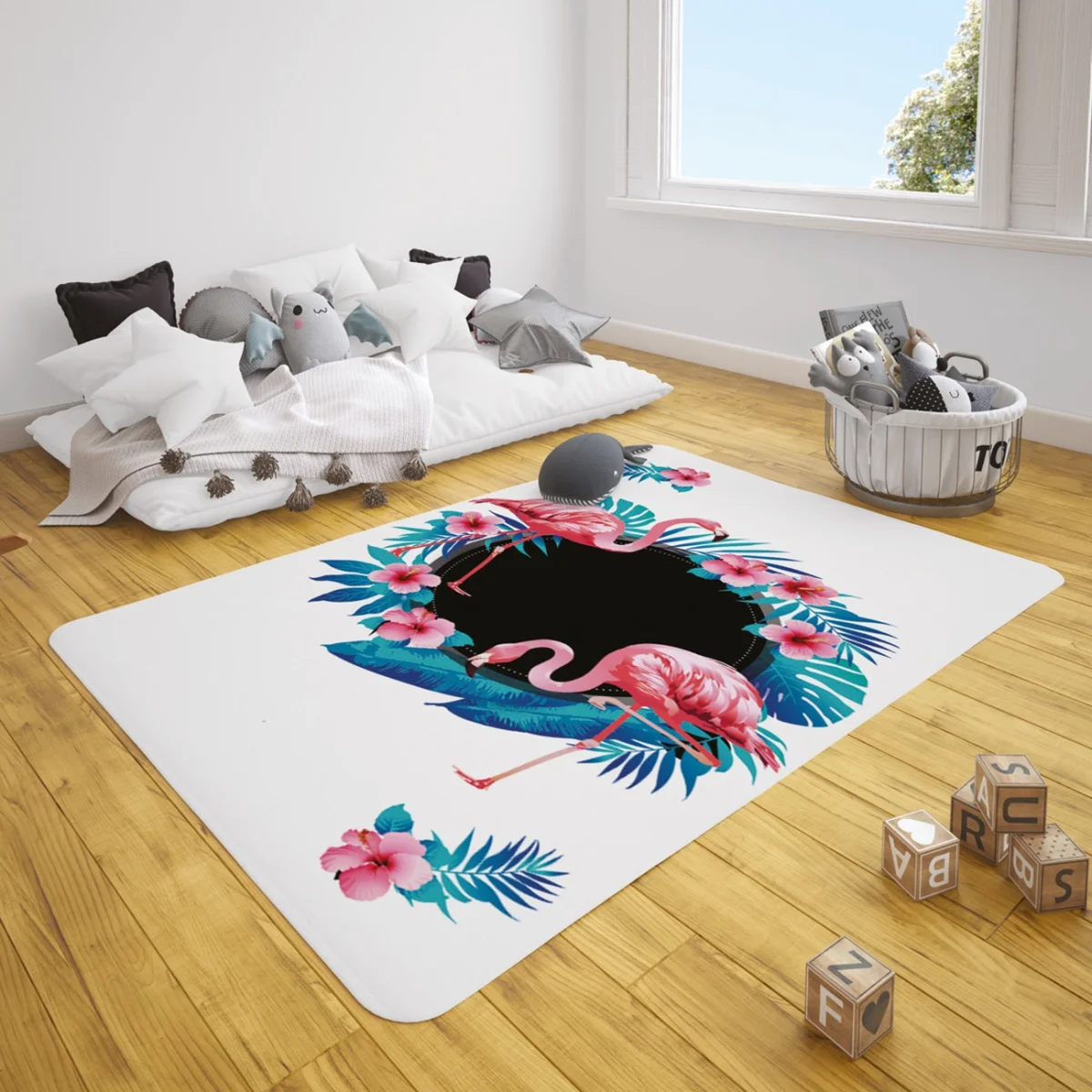 Flamingolar Çocuk Halısı | Beyaz Tropikal yapraklar, pembe hibiskus çiçekleri Desenli