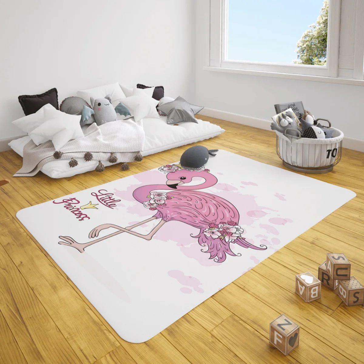 Flamingo Çocuk Halısı | Beyaz Çiçekler, taç Desenli