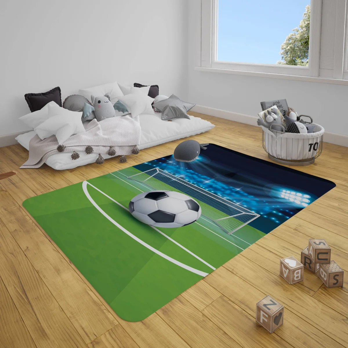 Futbol Çocuk Halısı | Mavi Stadyum ışıkları, futbol topu Desenli