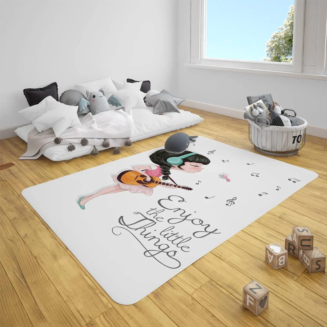 Müziksever Kız Çocuk Halısı | Beyaz müzik notaları, kuş Desenli