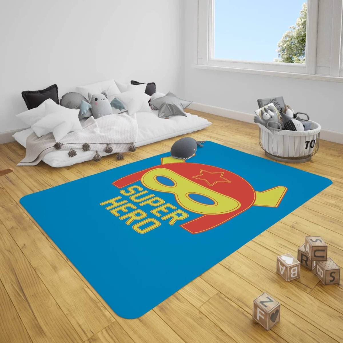 Süper Kahraman Çocuk Halısı | Mavi maske, yıldız Desenli