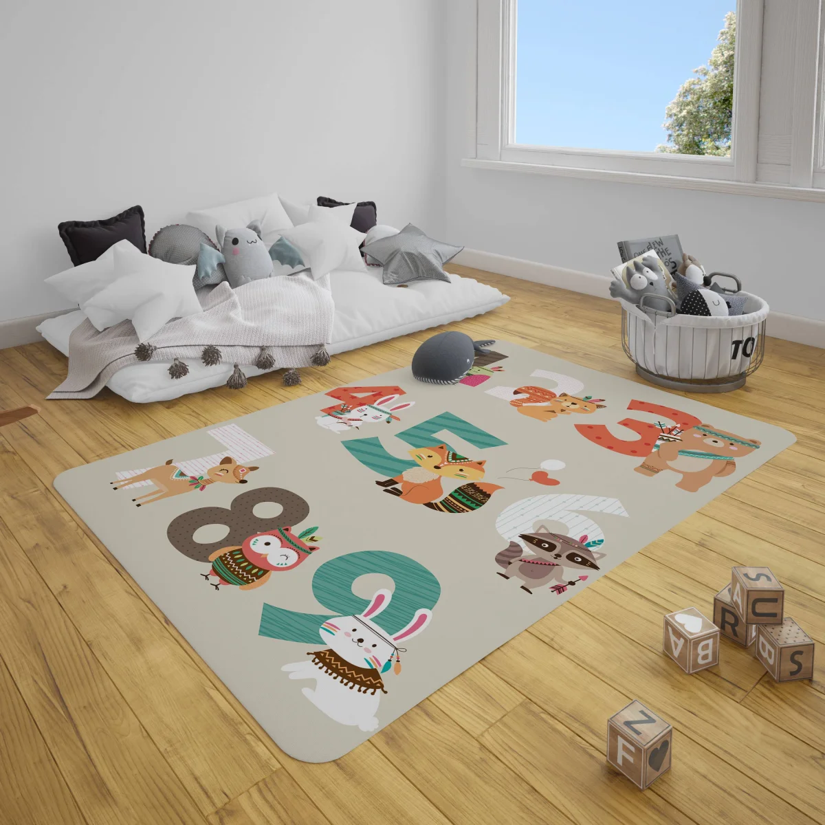 Kızılderili temalı orman hayvanları Çocuk Halısı | Beyaz Oklar, tüyler Desenli