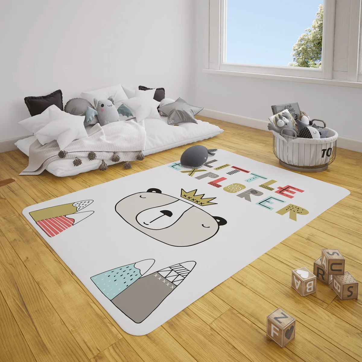 Kaşif ve Hayvanlar Çocuk Halısı | Beyaz yıldız, ay Desenli