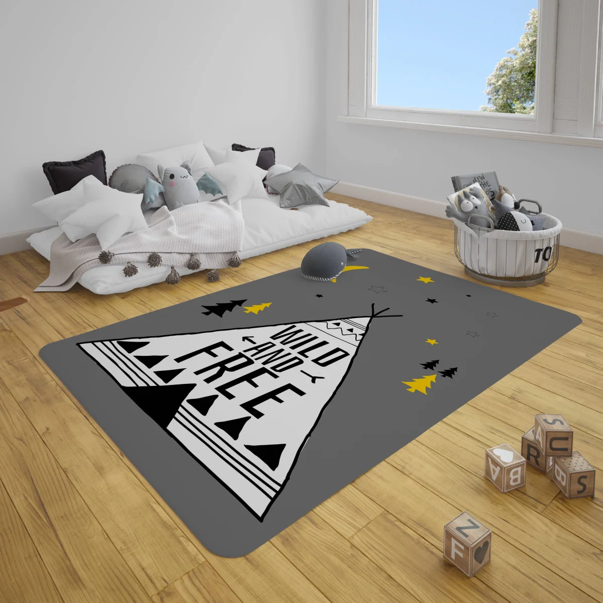 Tipi Çadırı, Doğa Çocuk Halısı | Gri yıldız, ay Desenli