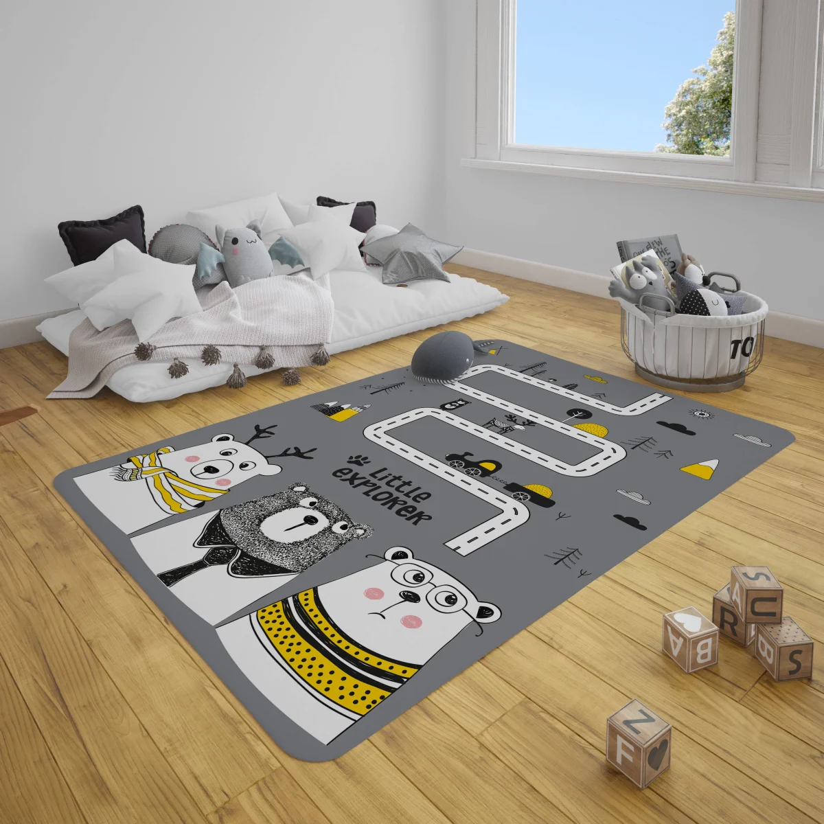 Orman Hayvanları ve Macera Çocuk Halısı | Gri yol, ağaçlar Desenli