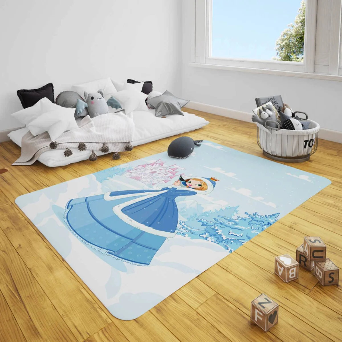 Prenses Çocuk Halısı | Mavi kale, kuş Desenli