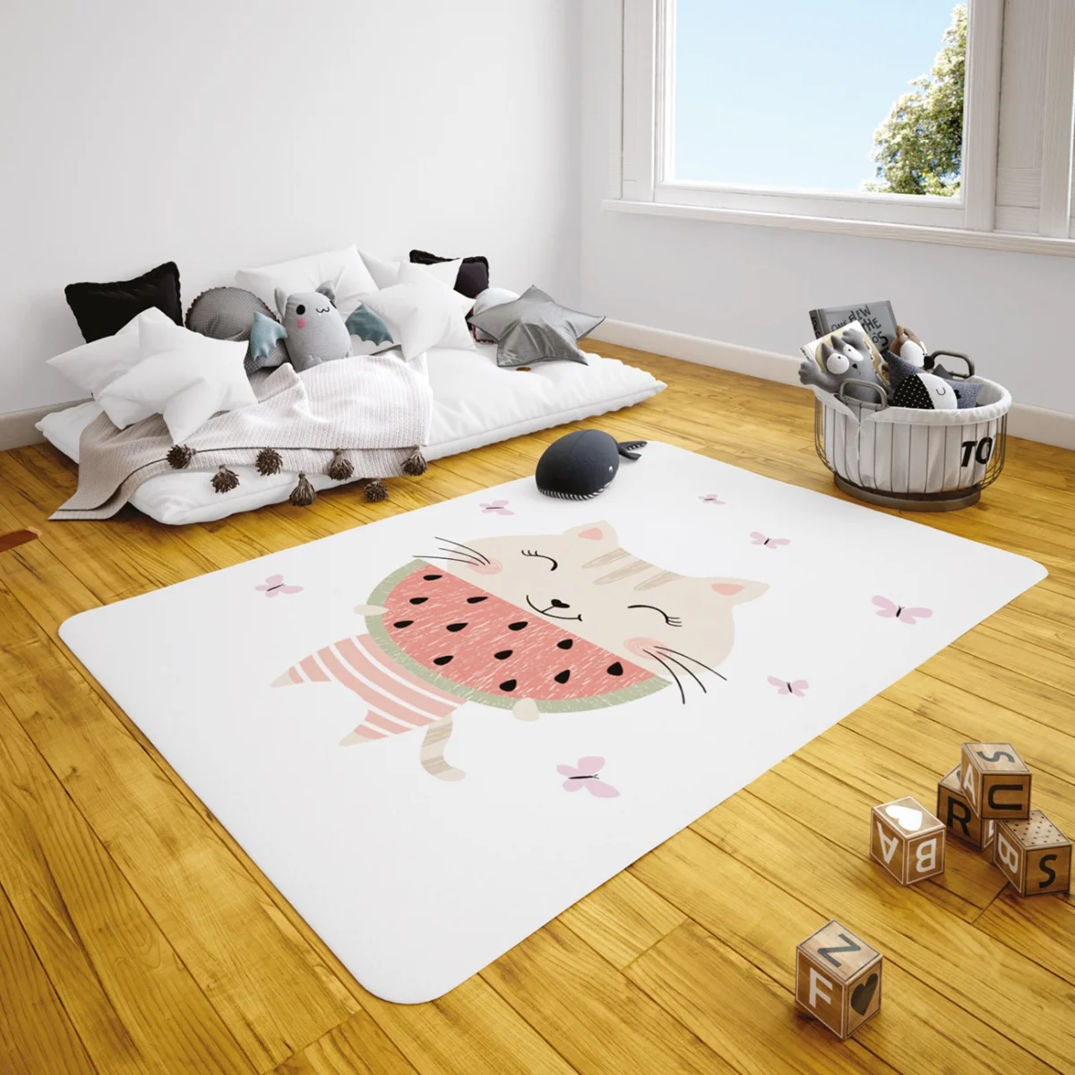 Kedi Çocuk Halısı | Beyaz pembe kelebekler, karpuz Desenli