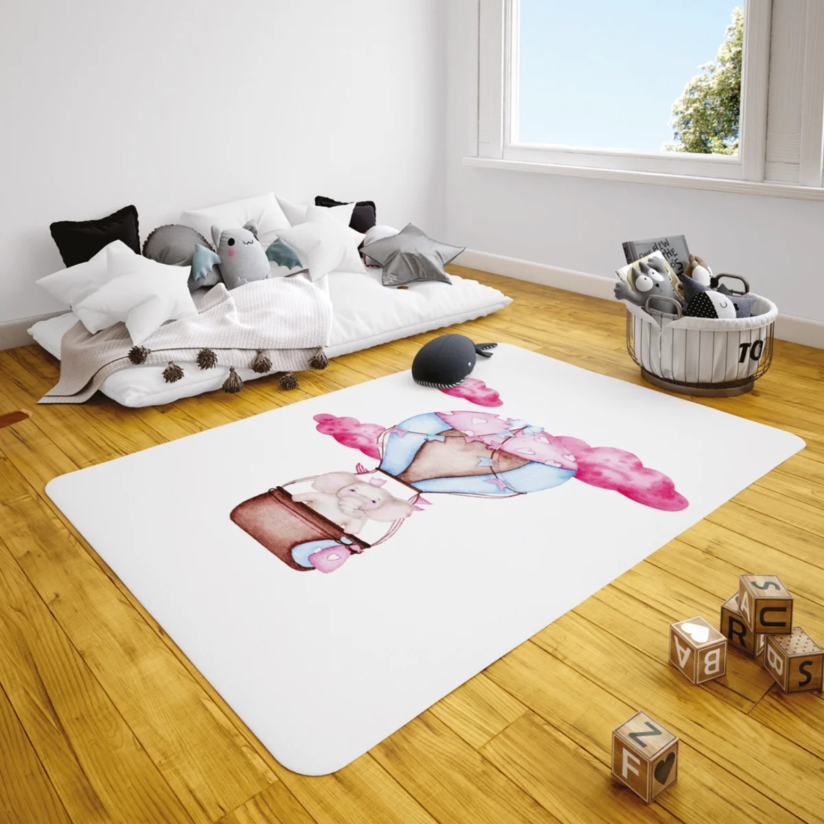 Fil, Sıcak hava balonu Çocuk Halısı | Beyaz pembe bulut, kalp Desenli