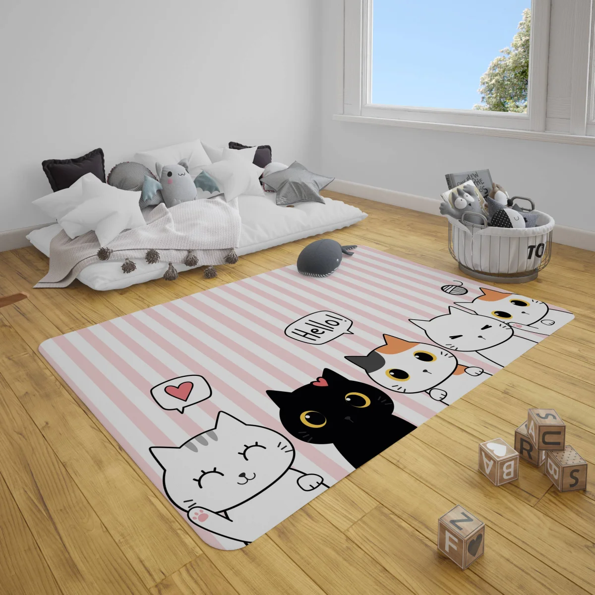 Kedi Çocuk Halısı | Pembe Çizgili, puantiye Desenli