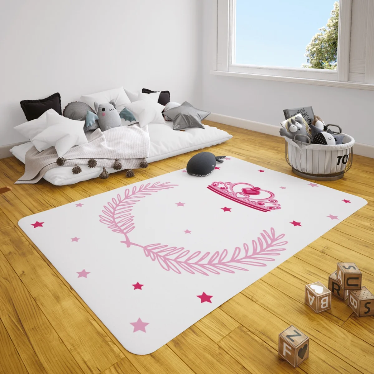 Prenses tacı Çocuk Halısı | Beyaz Pembe yıldızlar, yaprak desenleri Desenli