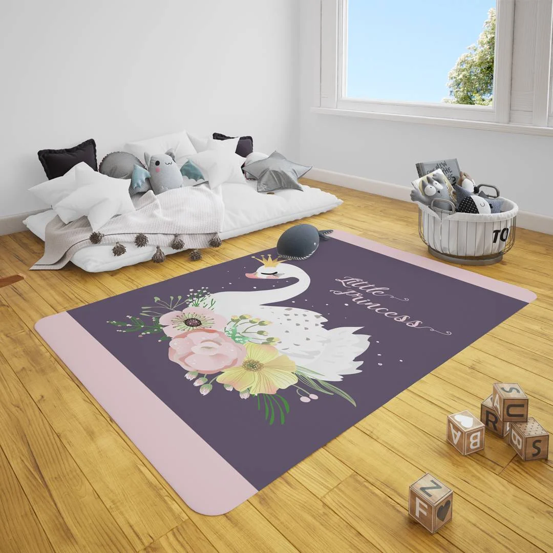 Kuğu Prenses Çocuk Halısı | Mor taç, çiçekler Desenli